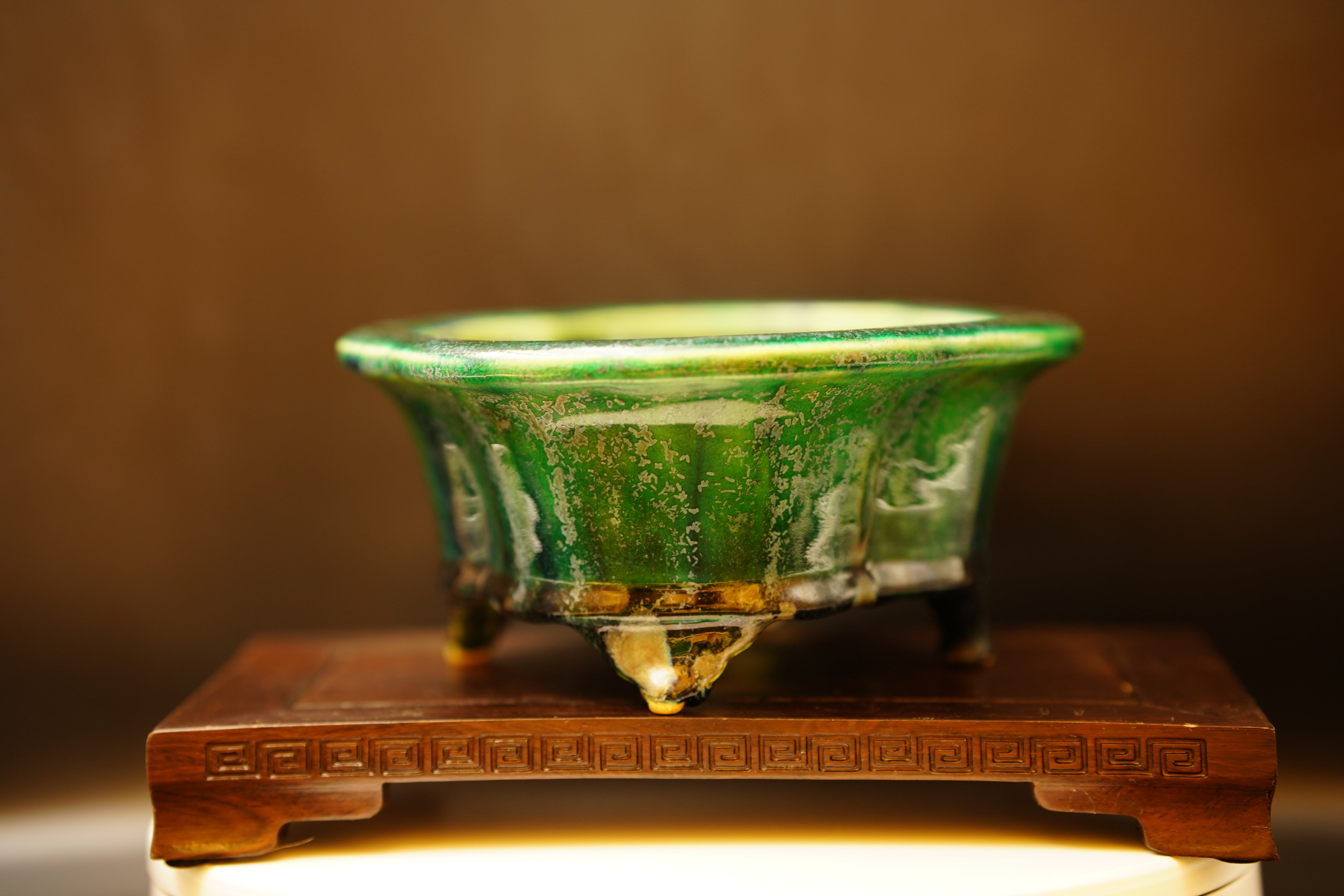 【香港現貨 – 日本盆缽(附上影片)】武州庵福茂盆 – 緑釉窯変外縁丸鉢 (22*18*8)